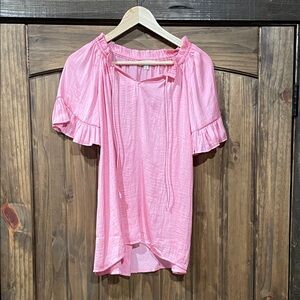 Elegant Pink Ruffle Sleeve Satin Blouse